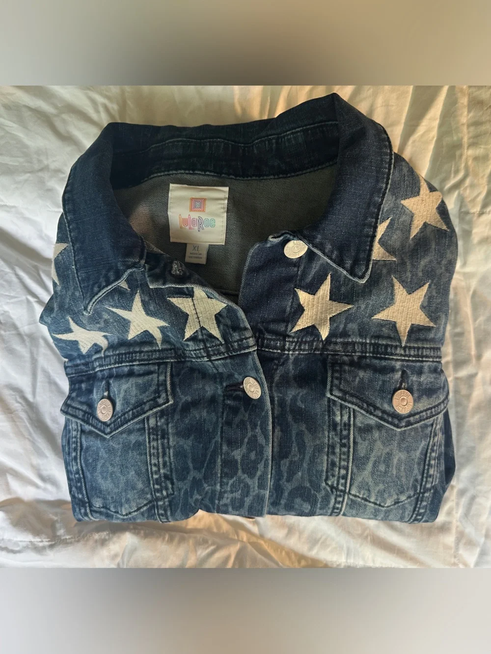LuLaRoe Dark Blue Denim Jacket with White Star Accents